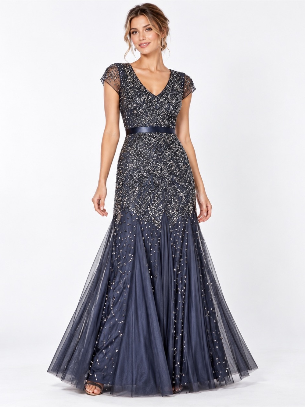 Adrianna Papell Beaded Sequin Evening Gown Blue Gray Silver Maxi Dress 16W NWT